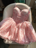 Cute Ball Gown Spaghetti Straps Floral Pink Short Homecoming Dress Summer Middle School Formal 8th Grade Hoco Dresses Summer Homecoming Outfits HZ1214