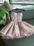 Cute Ball Gown Spaghetti Straps Floral Pink Short Homecoming Dress Summer Middle School Formal 8th Grade Hoco Dresses Summer Homecoming Outfits HZ1214