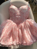 Cute Ball Gown Spaghetti Straps Floral Pink Short Homecoming Dress Summer Middle School Formal 8th Grade Hoco Dresses Summer Homecoming Outfits HZ1214