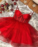 Fancy Short Hoco Dresses Ball Gown Spaghetti Straps Red Mini Formal 8th Grade Homecoming Dresses Summer Middle School Homecoming Outfits HZ1214