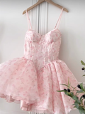 Pretty Ball Gown Spaghetti Straps Floral Pink Short Homecoming Dress Summer Middle School Formal 8th Grade Hoco Dresses Summer Homecoming Outfits HZ1214