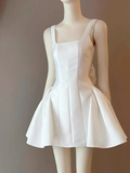 Cute A line Square Neck Sleeveless White Satin Mini Short Formal 8th Grade Homecoming Dresses Summer Middle School Hoco Dress Homecoming Outfits HZ1214