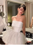 Simple Ball Gown Strapless White Sequin Homecoming Dress Summer Hoco Dresses Mini Cocktail Dress HZ1214