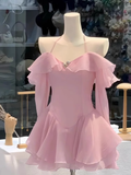 Simple A line Off The Shoulder Pink Chiffon Short Homecoming Dress Summer Hoco Dresses Mini Cocktail Dress HZ1214