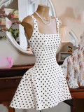 Cute A line Square Neck White Polka Dots Satin Mini Short Formal 8th Grade Homecoming Dresses Summer Middle School Hoco Dress Homecoming Outfits 25 Birthday Dress HZ1214