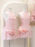 Cute A line High Neck Pink Tulle Mini Short Formal 8th Grade Homecoming Dresses Summer Middle School Hoco Dress Homecoming Outfits 25 Birthday Dress HZ1214