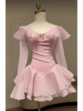 Simple A line Off The Shoulder Pink Chiffon Short Mini Homecoming Dress Summer Hoco Dresses Mini Cocktail Dress HZ1214
