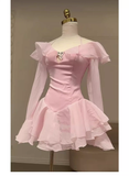Simple A line Off The Shoulder Pink Chiffon Short Mini Homecoming Dress Summer Hoco Dresses Mini Cocktail Dress HZ1214