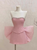 Simple A line Sweetheart Pink Satin Short Mini Homecoming Dress Summer Hoco Dresses Mini Cocktail Dress HZ1214
