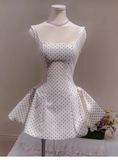 Cute A line Square Neck White Polka Dots Satin Mini Short Formal 8th Grade Homecoming Dresses Summer Middle School Hoco Dress Homecoming Outfits Birthday Dress HZ1214