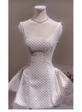 Cute A line Square Neck White Polka Dots Satin Mini Short Formal 8th Grade Homecoming Dresses Summer Middle School Hoco Dress Homecoming Outfits Birthday Dress HZ1214