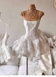 Pretty A line Spaghetti Straps White Satin Short Formal 8th Grade Homecoming Dresses Summer Middle School Hoco Dress Homecoming Outfits HZ1214