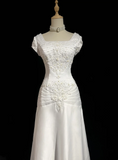 Classic Bridal Gown A line Square Neck Short Sleeves Satin White Wedding Dresses Minimalist Bridal Gowns HZ1214