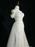 Vintage Bridal Gown 1960s Mermaid Off The Shoulder Sequin Long White Wedding Dresses Elegant Bridal Gowns HZ1214