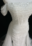 Vintage Bridal Gown 1960s Mermaid Off The Shoulder Sequin Long White Wedding Dresses Elegant Bridal Gowns HZ1214
