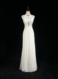 Modern A line Straps Silver Beads Chiffon Long White Backless Wedding Dresses Elegant Bridal Gowns HZ1214