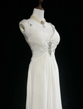 Modern A line Straps Silver Beads Chiffon Long White Backless Wedding Dresses Elegant Bridal Gowns HZ1214