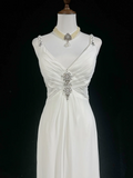 Modern A line Straps Silver Beads Chiffon Long White Backless Wedding Dresses Elegant Bridal Gowns HZ1214
