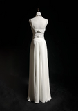 Modern A line Straps Silver Beads Chiffon Long White Backless Wedding Dresses Elegant Bridal Gowns HZ1214