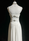 Modern A line Straps Silver Beads Chiffon Long White Backless Wedding Dresses Elegant Bridal Gowns HZ1214