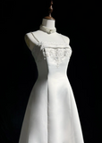 Vintage A line Spaghetti Straps White Satin Long 1940s 1950s Wedding Dresses Elegant Bridal Gowns HZ1214