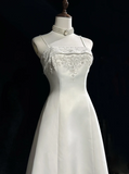 Vintage A line Spaghetti Straps White Satin Long 1940s 1950s Wedding Dresses Elegant Bridal Gowns HZ1214