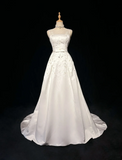 Vintage A line Bateau White Satin Long 1940s 1950s Wedding Dresses Elegant Bridal Gowns HZ1214