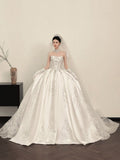 Extravagant Ball Gown Strapless White Satin Beads Long Wedding Dresses Elegant Bridal Gowns HZ1214