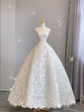 Extravagant Ball Gown Strapless White Lace Long Wedding Dresses Elegant Bridal Gowns HZ1214
