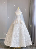 Extravagant Ball Gown Strapless White Lace Long Wedding Dresses Elegant Bridal Gowns HZ1214