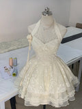 Pretty Ball Gown Halter Ivory Lace Short Mini Formal 8th Grade Homecoming Dresses Summer Middle School Hoco Dress Homecoming Outfits HZ1214