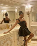 Pretty A line Square Neck Little Black Dress Satin Short Mini Formal 8th Grade Homecoming Dresses Summer Middle School Hoco Dress Homecoming Outfits HZ1214