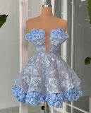 Fancy Short Hoco Dresses A line Strapless Sequin Mini Blue Formal 8th Grade Homecoming Dresses Summer Middle School Homecoming Outfits HZ1214