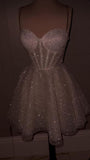 Cute A Line Spaghetti Straps White Sequin Mini Short Formal 8th Grade Homecoming Dresses Summer Middle School Hoco Dress Homecoming Outfits HZ1214