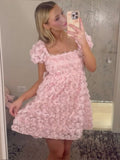 Pretty A line Square Neck Short Sleeves Pink Floral Mini Formal 8th Grade Homecoming Dresses Summer Middle School Hoco Dress Homecoming Outfits HZ1214