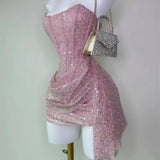 Cute Sheath Strapless Pink Sequin Mini Short Formal 8th Grade Homecoming Dresses Summer Middle School Hoco Dress Homecoming Outfits HZ1214