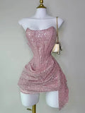 Cute Sheath Strapless Pink Sequin Mini Short Formal 8th Grade Homecoming Dresses Summer Middle School Hoco Dress Homecoming Outfits HZ1214