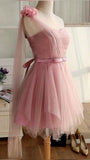 Cute A line One Shoulder Pink Tulle Mini Short Formal 8th Grade Homecoming Dresses Summer Middle School Hoco Dress Homecoming Outfits Birthday Outfit HZ1214