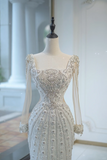 Unique Bridal Gown Mermaid Square Neck Long Sleeves White Silver Beads Wedding Dresses Modest Bridal Gowns HZ1214