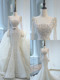Unique Bridal Gown Mermaid Square Neck Long Sleeves White Silver Beads Wedding Dresses Modest Bridal Gowns HZ1214