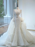 Unique Bridal Gown Mermaid Square Neck Long Sleeves White Silver Beads Wedding Dresses Modest Bridal Gowns HZ1214