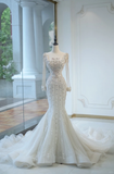 Unique Bridal Gown Mermaid Square Neck Long Sleeves White Silver Beads Wedding Dresses Modest Bridal Gowns HZ1214