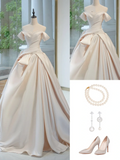 Timeless Bridal Gown Ball Gown Off The Shoulder Satin Long Light Pink Wedding Dresses Elegant Brides Gowns HZ1214