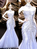 Modest Mermaid Strapless Lilac Tulle Long Prom Dresses Party Dress 20th Birthday Outfits Graduation Dresses HZ1214