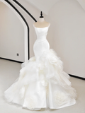 Unique Bridal Gown Mermaid Strapless White Satin Long Wedding Dresses Elegant Brides Gowns HZ1214