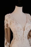 Timeless Bridal Gown Mermaid V Neck Long Sleeves Lace Long Wedding Dresses Elegant Brides Gowns HZ1214