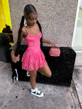 Cute A Line Spaghetti Straps Pink Lace Sleeveless Mini Short Formal 8th Grade Homecoming Dresses Summer Middle School Hoco Dress Homecoming Outfits HZ1214