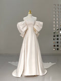 Classic Bridal Gown A Line Off The Shoulder Short Sleeves Satin White Wedding Dresses Minimalist Bridal Gowns HZ1214