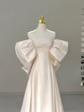 Classic Bridal Gown A Line Off The Shoulder Short Sleeves Satin White Wedding Dresses Minimalist Bridal Gowns HZ1214