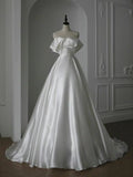 Classic Bridal Gown Ball Gown Off The Shoulder Short Sleeves Satin White Wedding Dresses Minimalist Bridal Gowns HZ1214